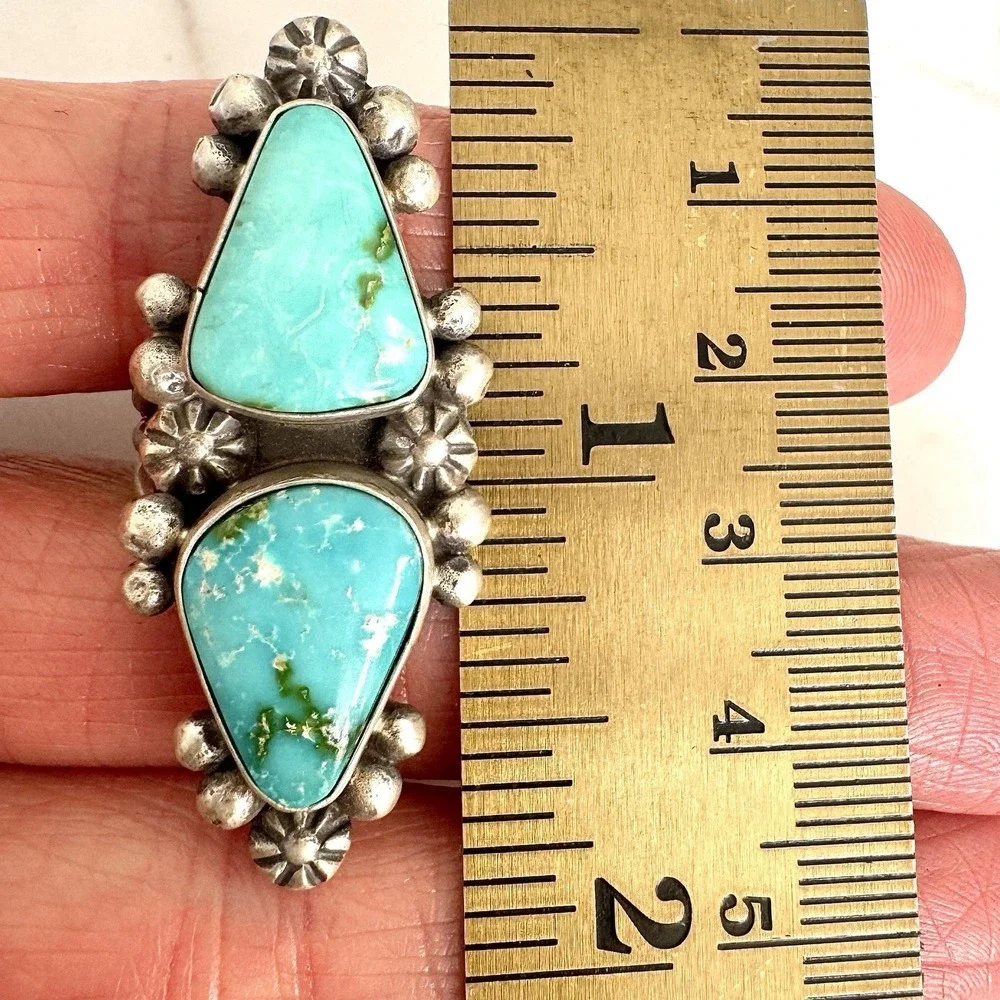 Long‎ Navajo Sonoran Turquoise Ring Sz 8 Signed Skeets Sterling Two Stone Native